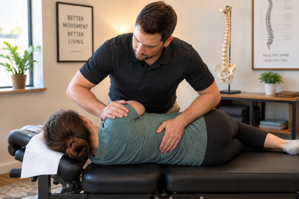 Chiropractor performing a side-lying adjustment on a patient.